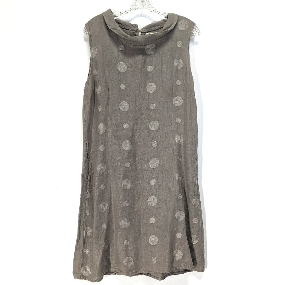 Lina Tomei Taupe Beige Linen Midi Dress with Embroidered Polka Dots L